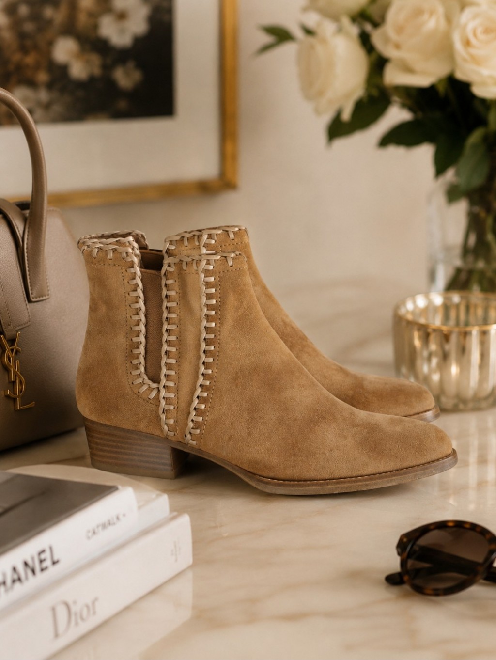 Michael Kors Collection Tan Suede Ankle Booties With Contrast Stitch